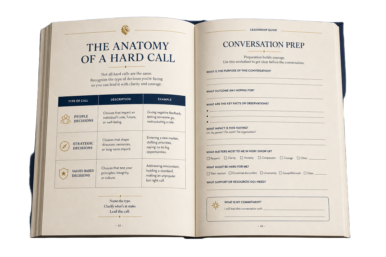 Open spread showing a framework page and a fillable worksheet from the Action Edition